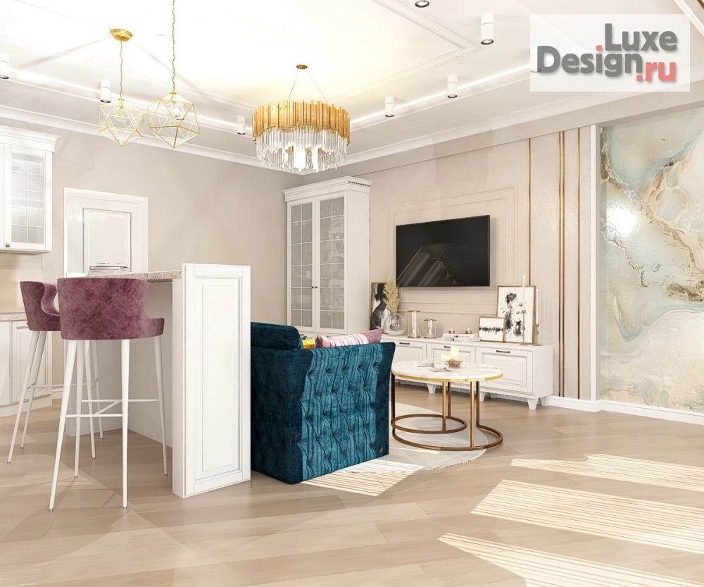 Дизайн интерьера гостиной "Дизайн-проект просторной кухни-гостиной в многокомнатной квартире" (фото 4)