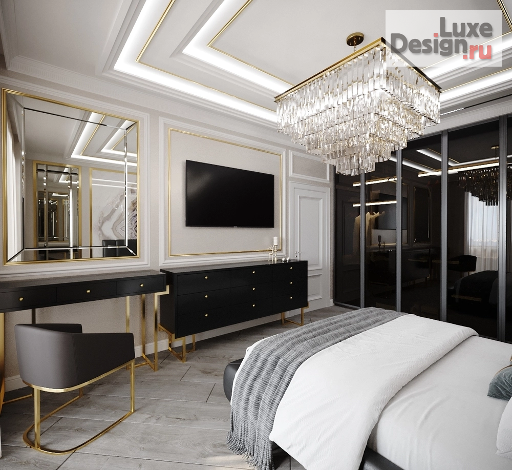 Дизайн интерьера трехкомнатной квартиры "Чёрная спальня в стиле Ар-деко г. Москва" (фото 6)